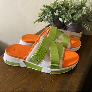 Fitflop Lime Green and Orange Cross-Strap Slide Sandals